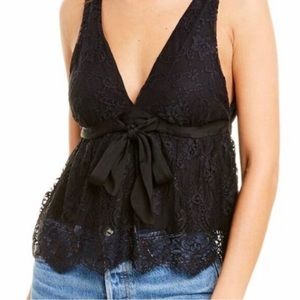 FREE PEOPLE lace v-neck loose fit black blouse women’s Size Small